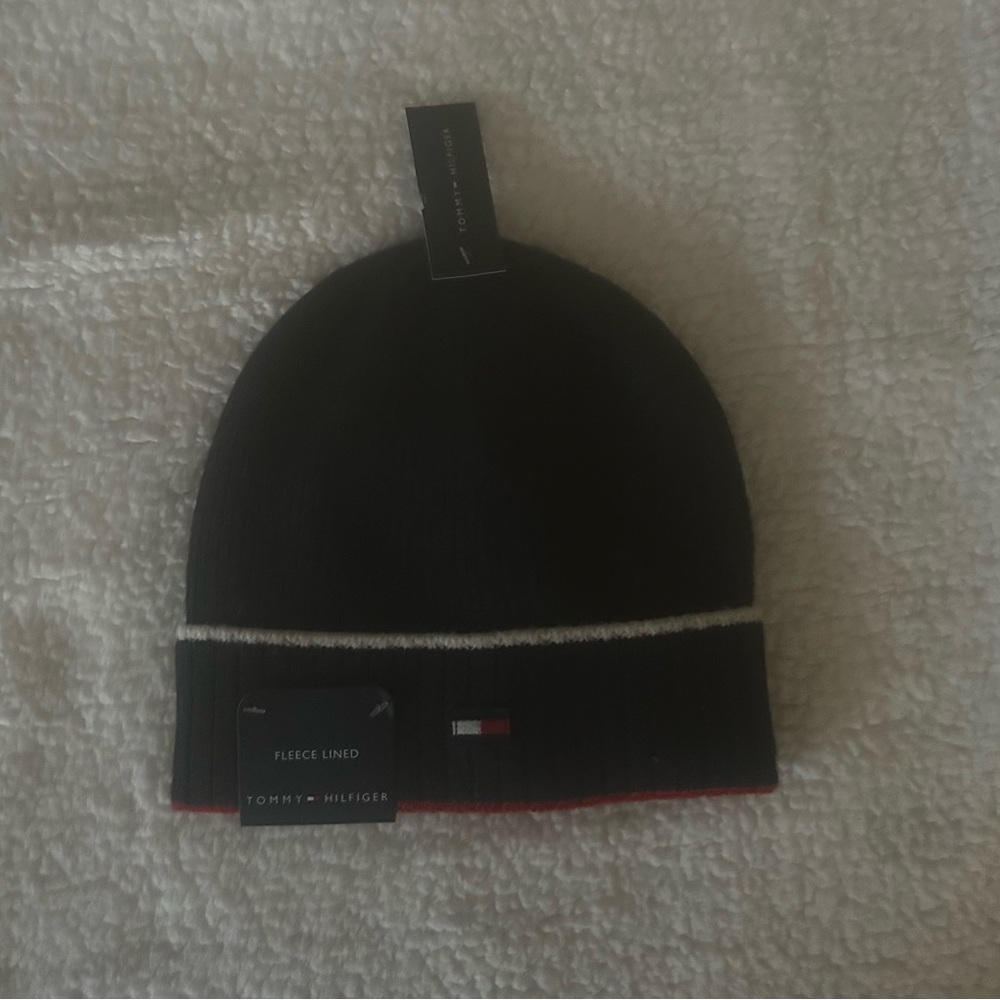 Tommy Hilfiger Black Knit Hat with Red and White Accents